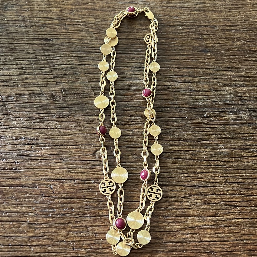 Tory Burch Gold Tone Multi-Disc Necklace with Red Cabochons
